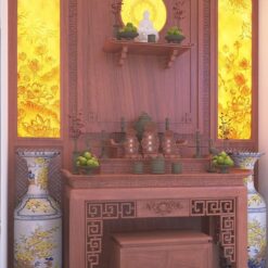 Bố trí theo lối Thượng Phật Hạ Linh, tức bàn thờ treo thờ Phật bên trên bàn thờ đứng thờ Gia Tiên.