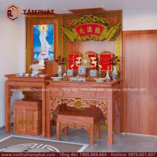 Phòng thờ phối cảnh đẹp, tỉ mỉ đến từng chi tiết.