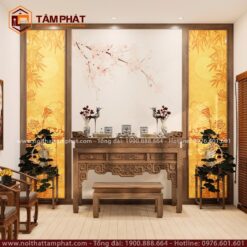 Cặp tranh dọc 2 bên hậu làm điểm nhấn tăng giá trị thẩm mỹ cho không gian thờ.