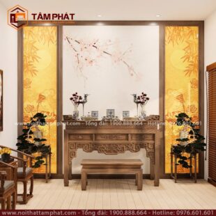 Cặp tranh dọc 2 bên hậu làm điểm nhấn tăng giá trị thẩm mỹ cho không gian thờ.
