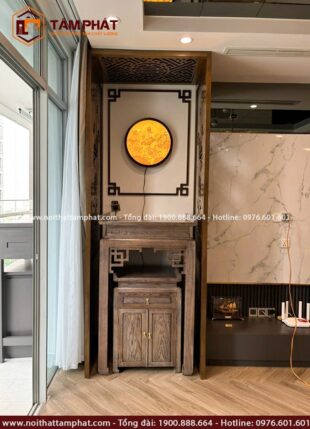 Phòng thờ chung cư kèm vách ngăn và rèm che đẹp mẫu BT-1228