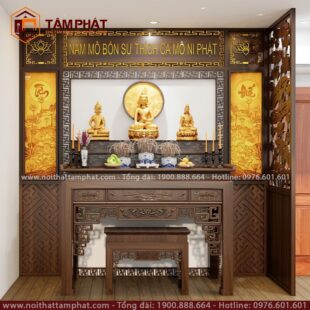 Bàn thờ Phật tam cấp mẫu triện sen hiện đại.