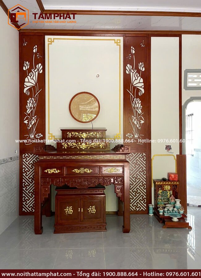 Thi công phòng thờ theo đúng thiết kế, đáp ứng yêu cầu về chất lượng và thẩm mỹ.